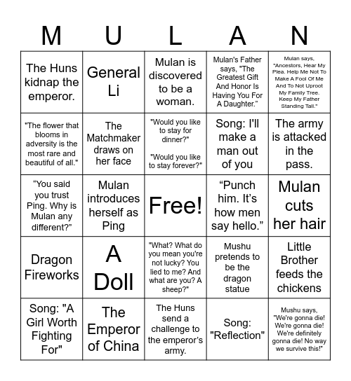 Mulan Bingo Card
