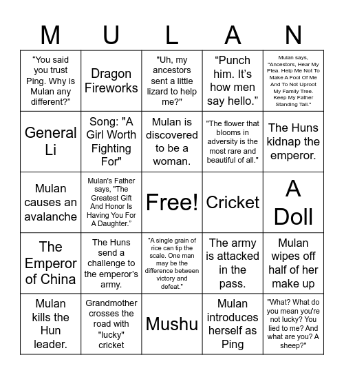 Mulan Bingo Card