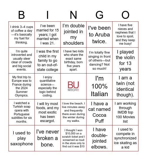 MechE Team BINGO Card