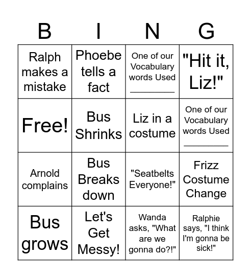 Magic School Bus Bingo Card