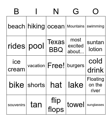 Summer Vacation 2025 Bingo Card