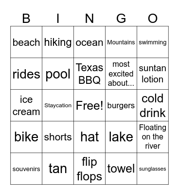 Summer Vacation 2025 Bingo Card