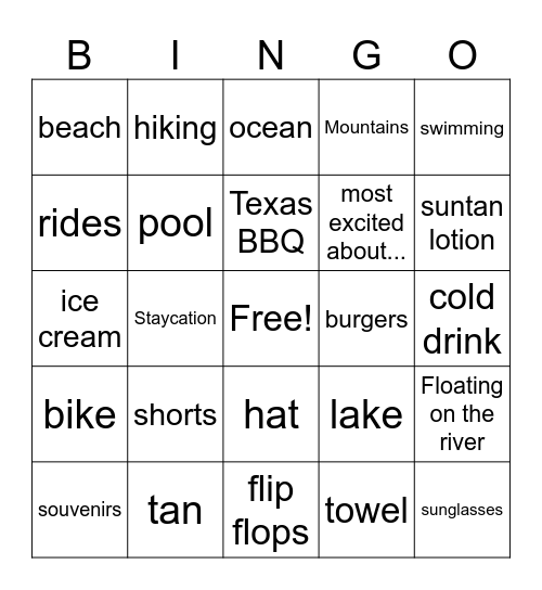Summer Vacation 2025 Bingo Card