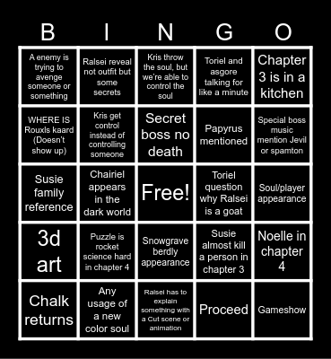 Deltarune chapter 3 and 4 Bingo Card