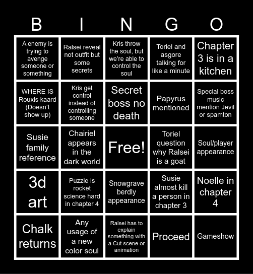 Deltarune chapter 3 and 4 Bingo Card