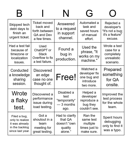 QA Bingo Card