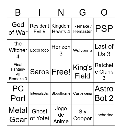 State of Play Bingo Card