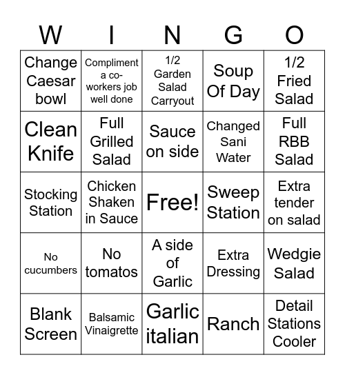 B.O.H  WINGO SALAD Bingo Card
