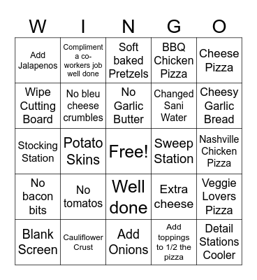 B.O.H  WINGO PIZZA Bingo Card