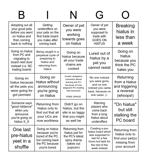 PC Trading (hiatus edition) Bingo Card