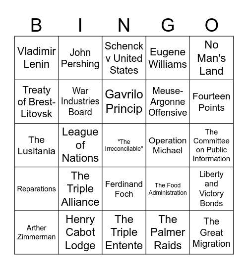 World War I Test Review Bingo Card