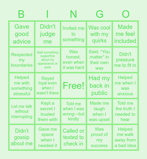 Good Friend Bingo Card