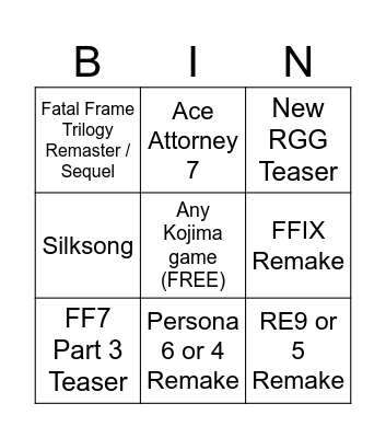Summer Game Fest 2025 Hopes and Dreams Bingo Card