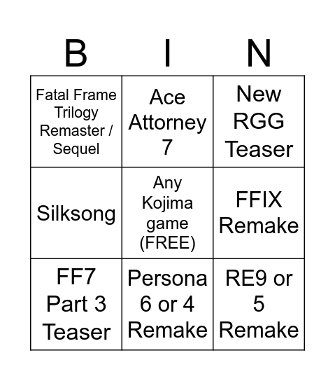 Summer Game Fest 2025 Hopes and Dreams Bingo Card