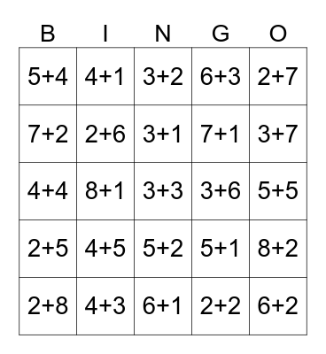 ADDITION FACT SUM T0 10 Bingo Card