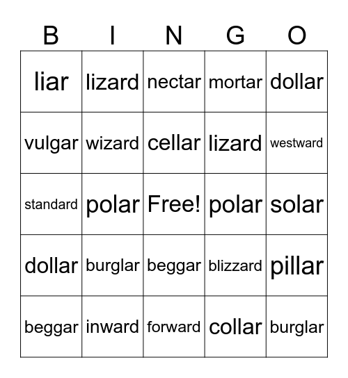 ar as /er/ Bingo Card