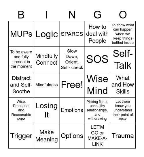 SPARCS Skills Review Bingo Card