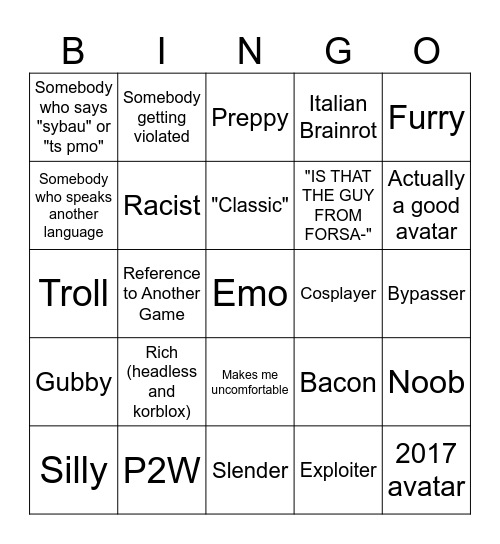 Roblox Bingo Card