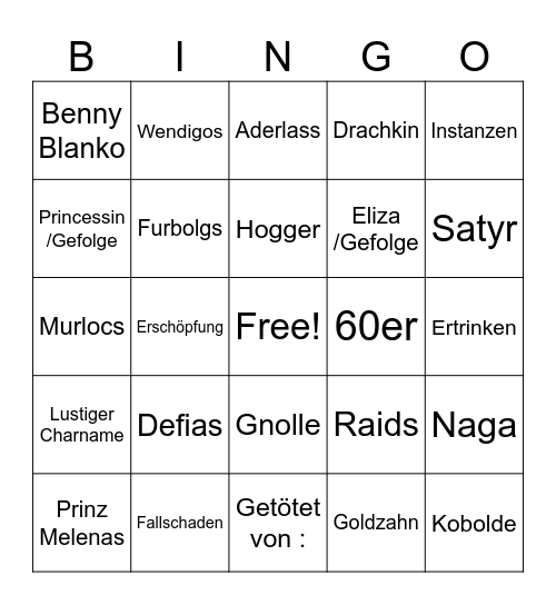 WoW Hardcore Death Bingo Card