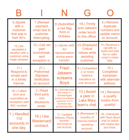 Team Boyd Bingo Card