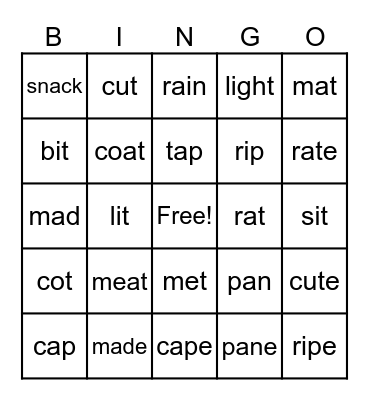 Short/Long vowel sounds Bingo Card