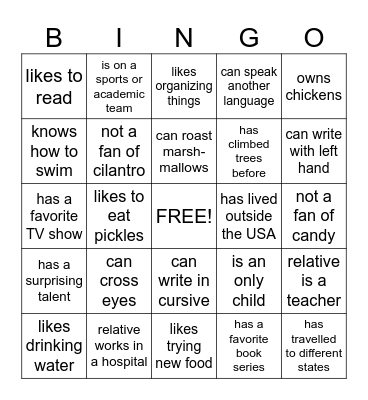 Icebreakers Elementary Bingo Card