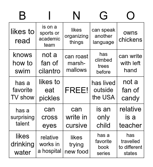 Icebreakers Elementary Bingo Card