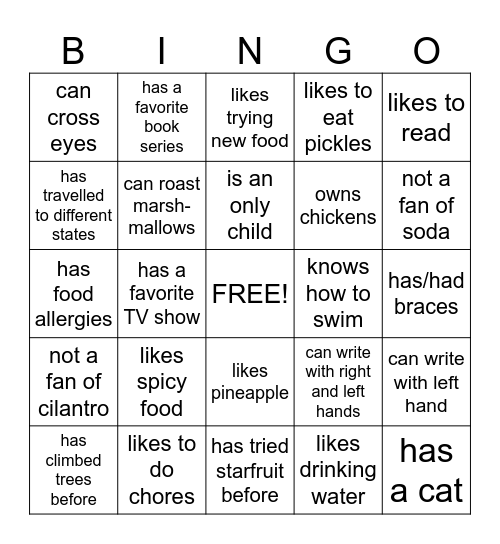 Icebreakers Elementary Bingo Card