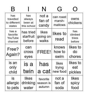 Icebreakers Elementary Bingo Card