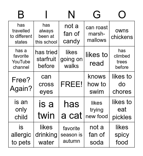 Icebreakers Elementary Bingo Card