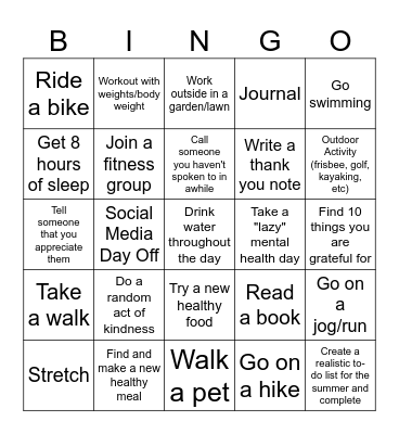 Summer Activities Bingo Card