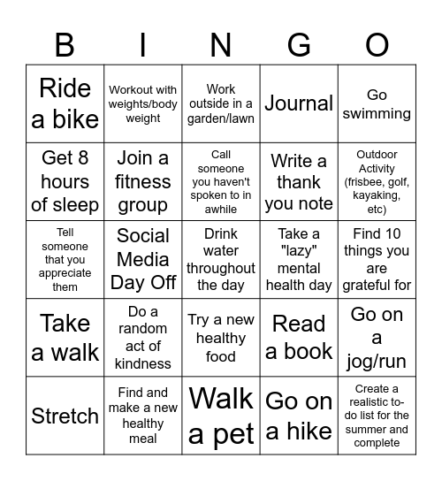 Summer Activities Bingo Card