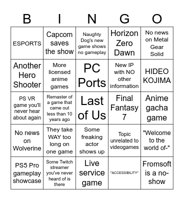 PS Showcase Bingo Card