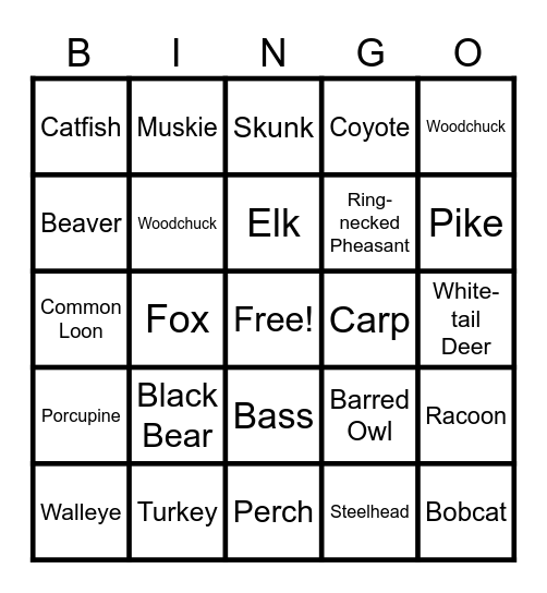 Pennsylvania Wildlife Bingo Card