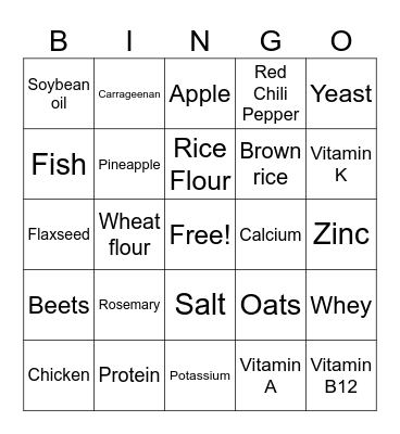 FOOD LABEL BINGO Card