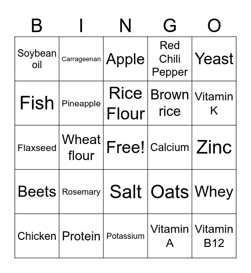 FOOD LABEL BINGO Card