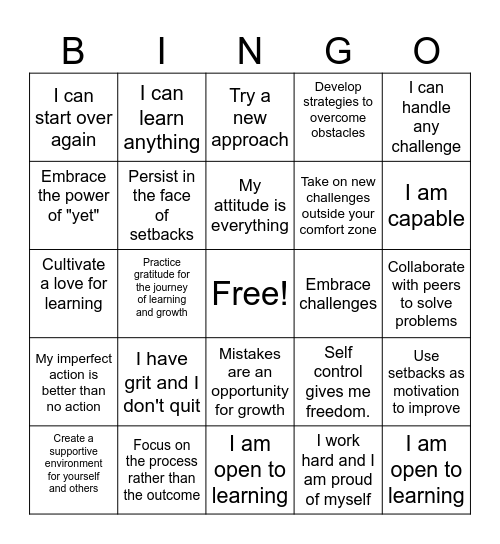 Growth Mindset Bingo Card