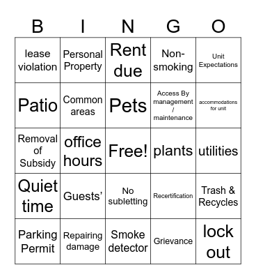 Lease Education Bingo Card