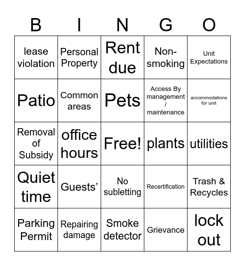 Lease Education Bingo Card