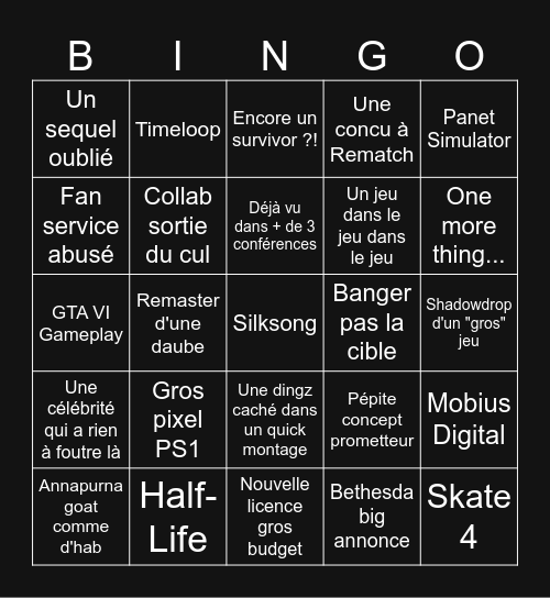 Summer Game Fest 2025 Bingo Card