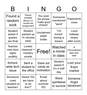 Middle School Teacher Bingo: End-of-Year Edition Bingo Card