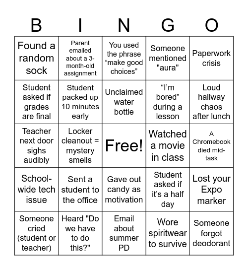 Middle School Teacher Bingo: End-of-Year Edition Bingo Card
