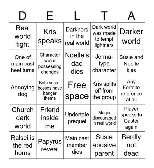 Deltarune chapter 3+4 bingo Card
