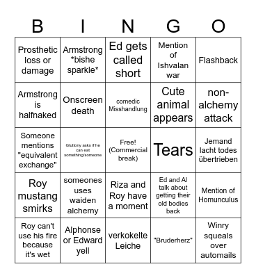Fullmetal Alchemist Brotherhood Bingo Card
