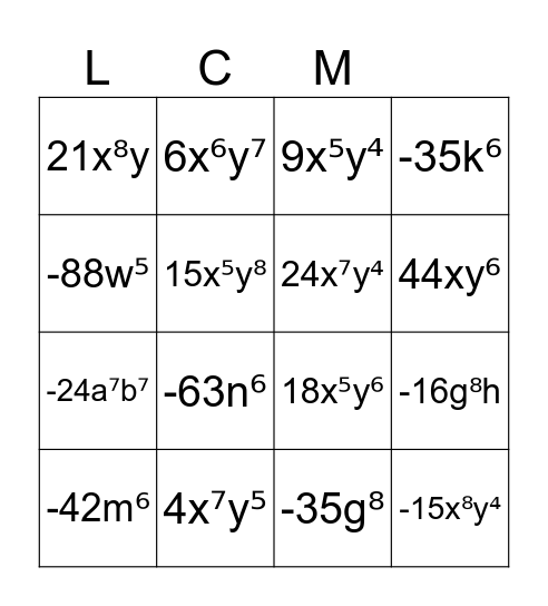 LCM Monomials Bingo Card