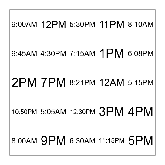 What time is it? // It is _ _ _  AM/PM Bingo Card