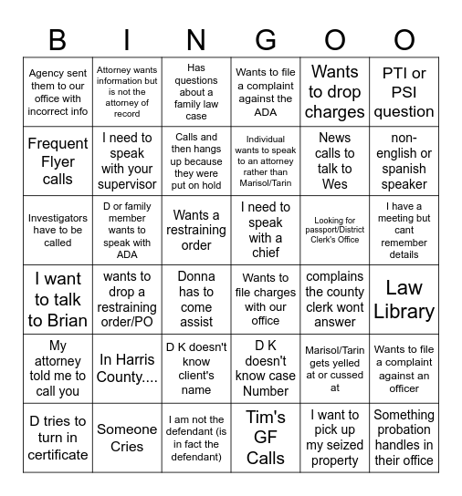 Reception Bingo Card