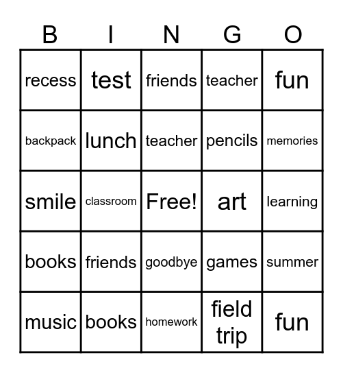 End-Of-School-Year Bingo Card