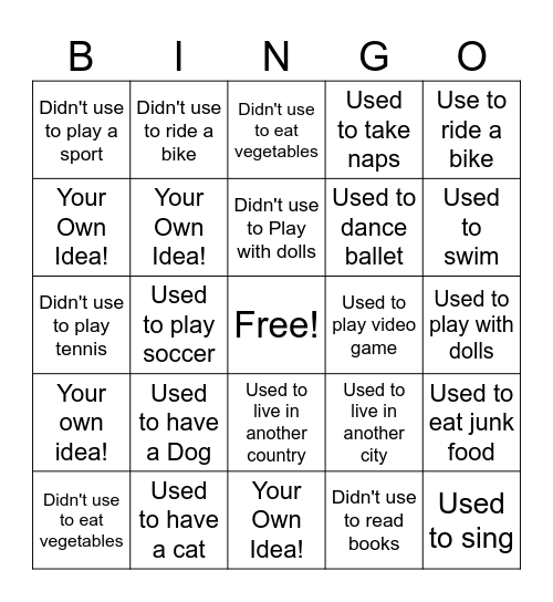 "Used to" ESL Bingo Card