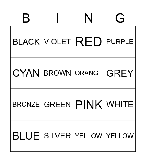 colours Bingo Card